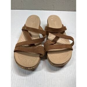Crocs A-Leigh‎ Cork Rawhide Brown Leather Strappy Low Wedge Sandals Womens Sz 11